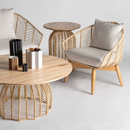 Round Wood and Rattan Side Table 'Robin' | Procomobel