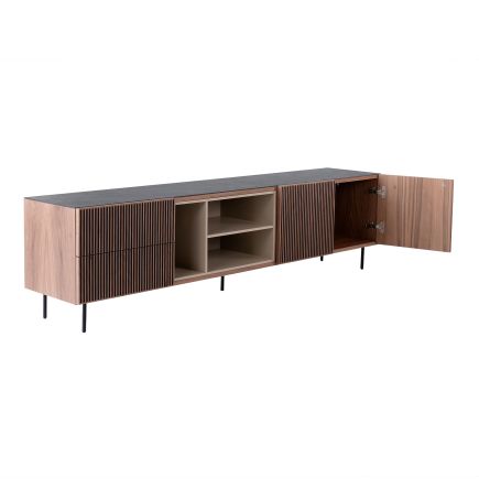 Vista Lateral Derecha Mueble TV Porcelánico y Nogal ‘Riddle’ Puerta Abierta