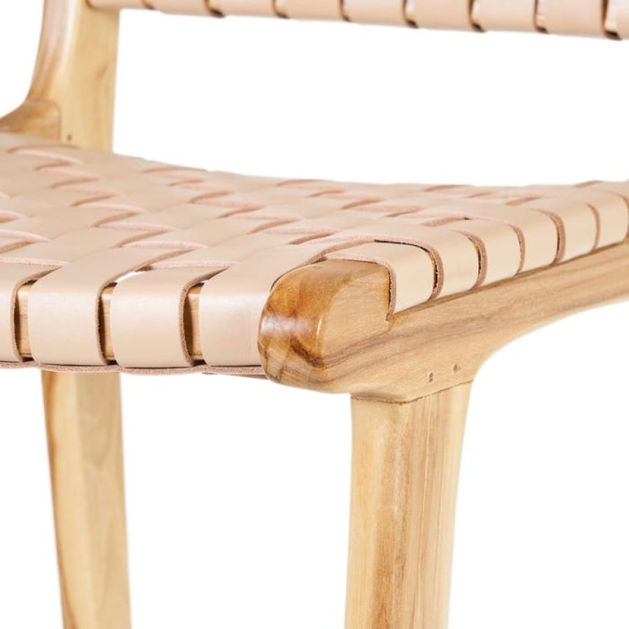 Teak wood-beige leather stool 'Guy'